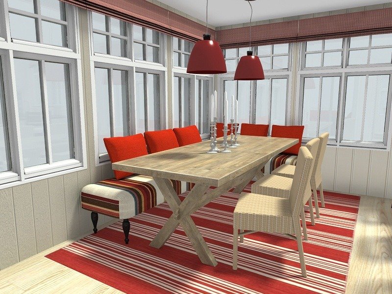 Dining area with red accessories