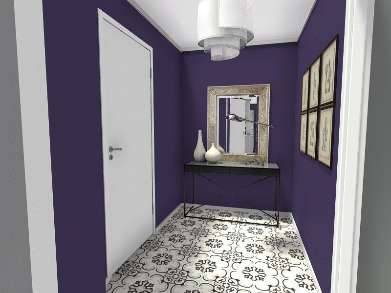 Hallway with dark blue walls and patterned floor tiles