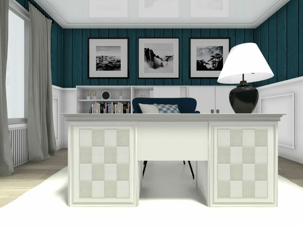 Home office design with checkered desk