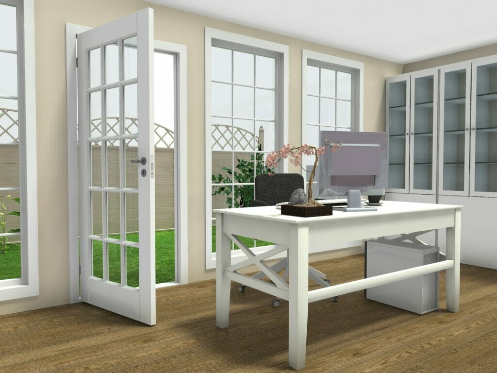 Home office design with large windows