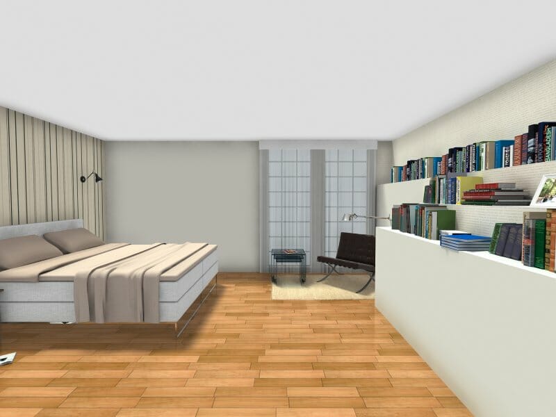 Bedroom 3D Photo Double Bed Bookshelves
