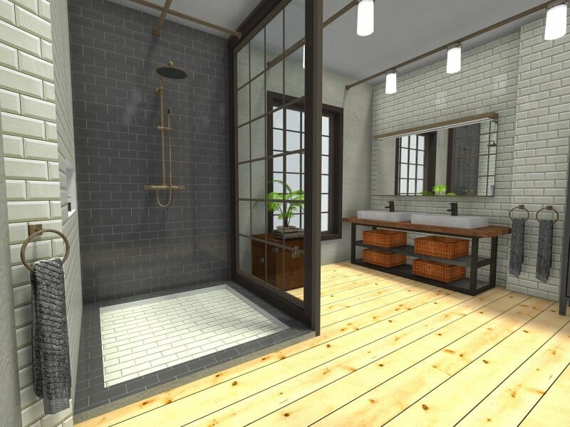 Industrial bathroom interior wood floor
