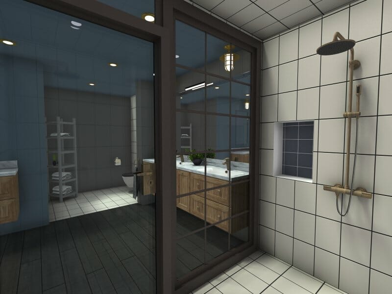 Dark blue industrial bathroom design idea