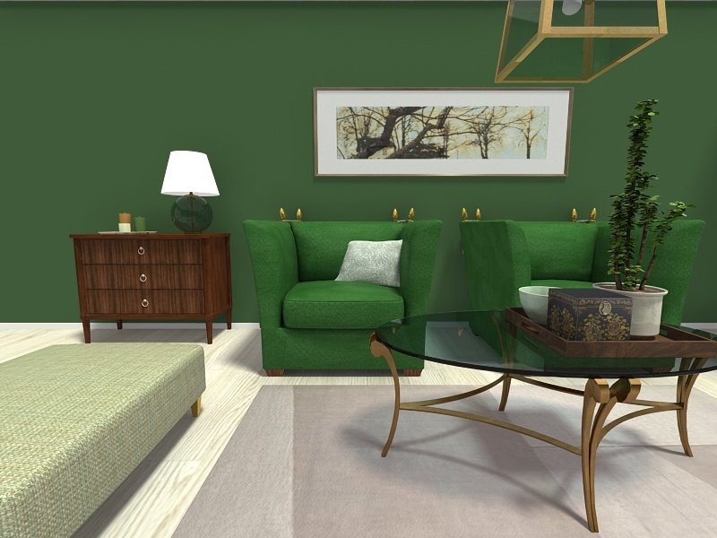 Living room design with dark green walls