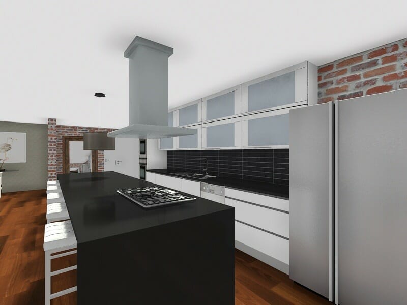kitchen design idea open modern black white kitchen large island stainless steel appliances
