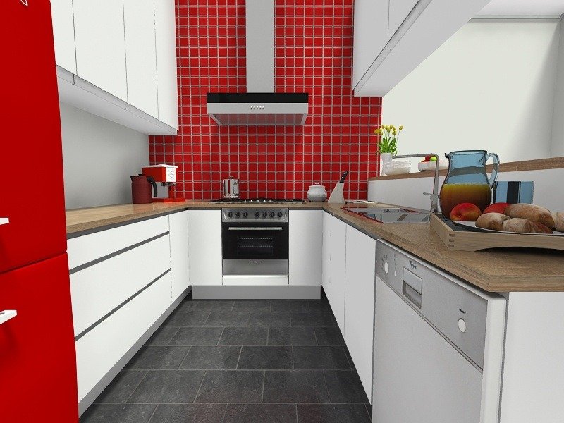 Kitchen interior with red accent tile wall