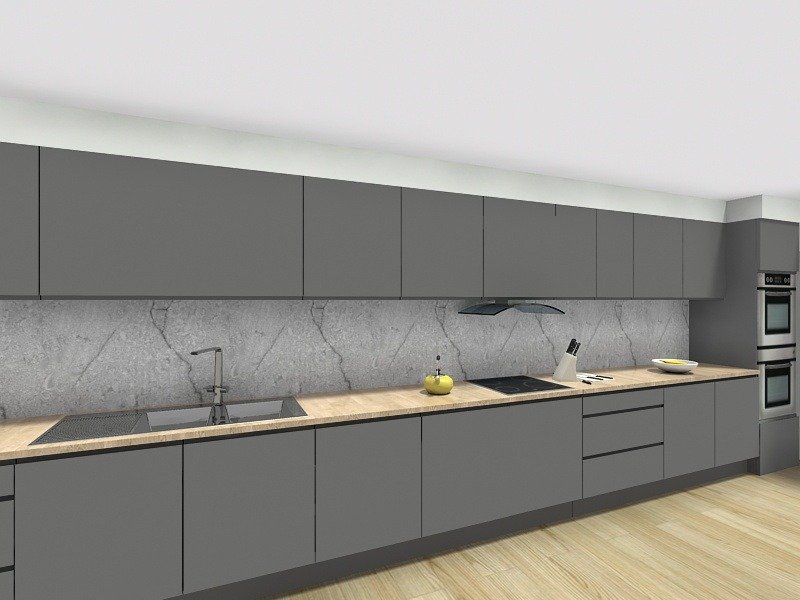 Single wall kitchen with marble backsplash