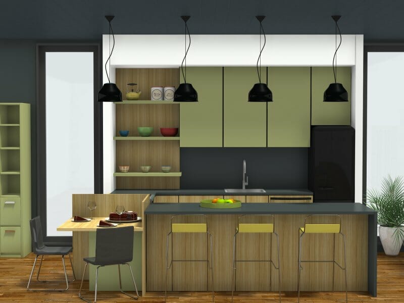 Kitchen peninsula design with seating area