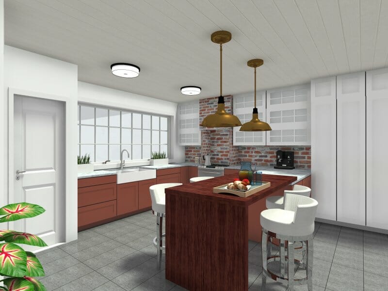 Kitchen peninsula layout with seating on both sides