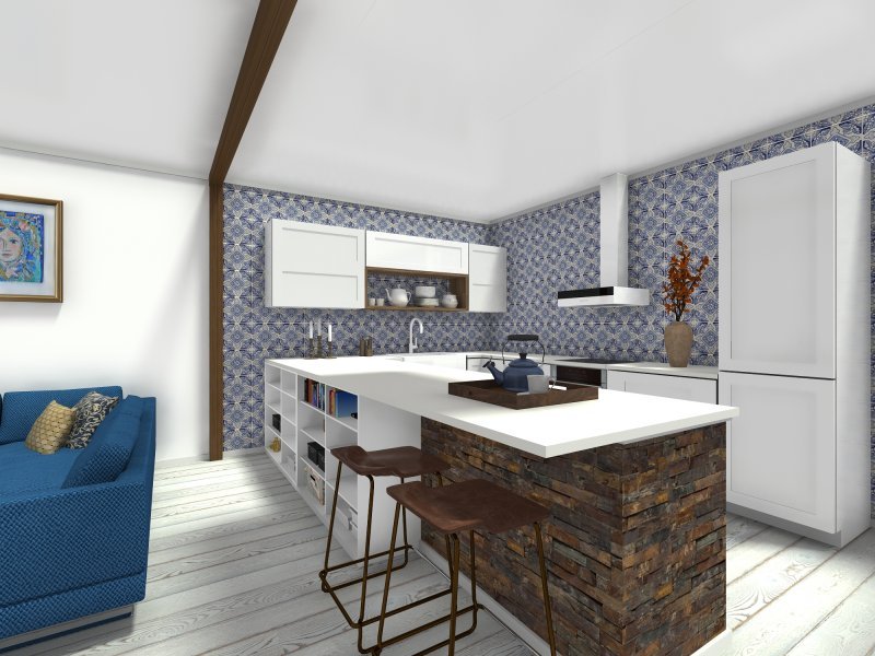 Kitchen design with blue wallpaper accent