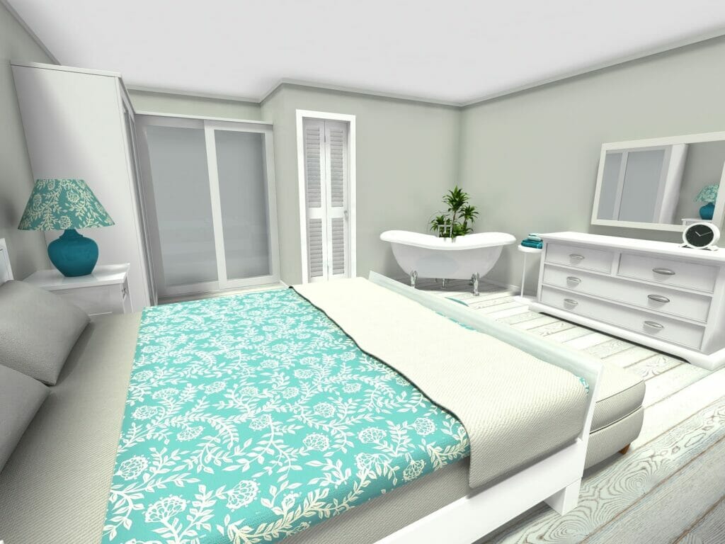 Greek style master bedroom idea with freestanding bathtub