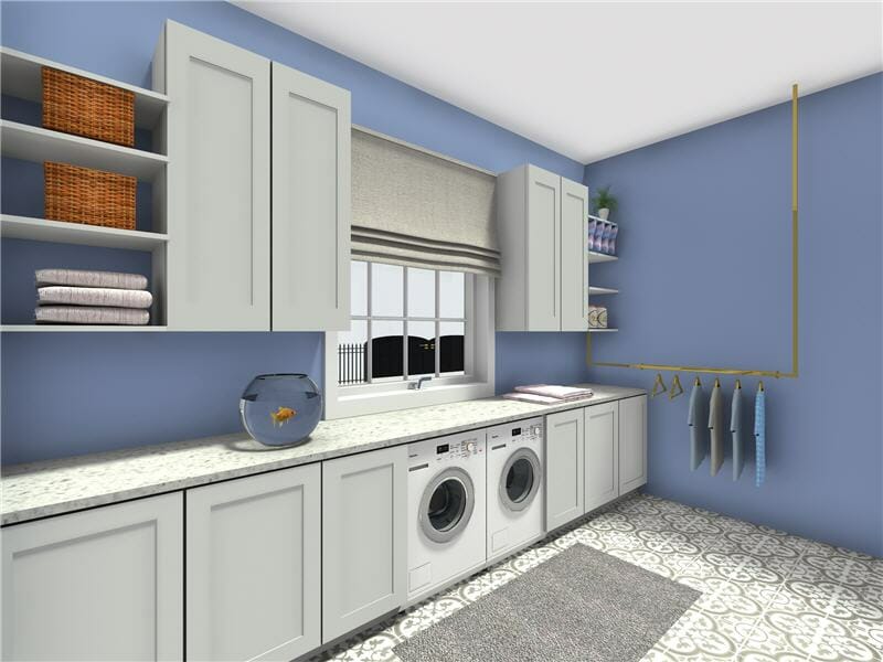 Laundry room with French blue walls