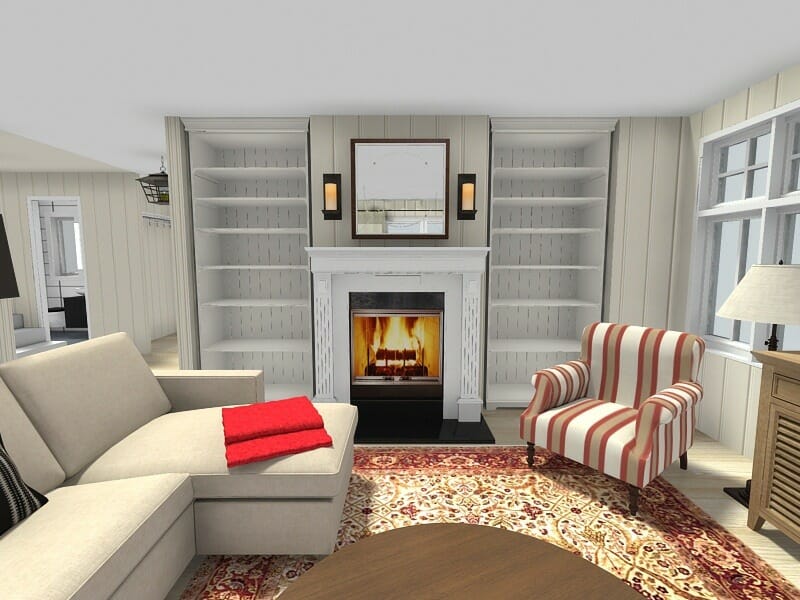 Living room idea with built-in bookcase and fireplace