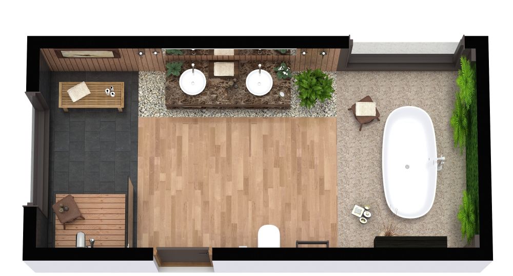 Rectangular Master Bathroom Layout With Tropical Décor 3D Flor Plan