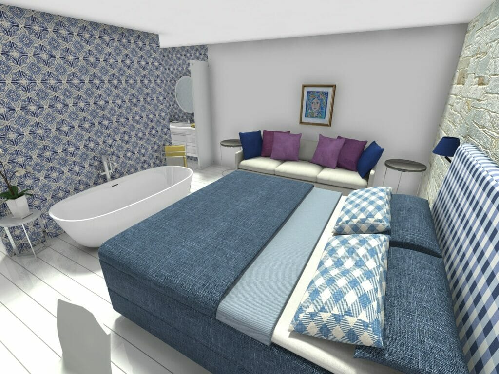 Master bedroom design with freestanding bathtub