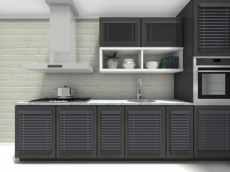 Kitchen design with grey metal grated cabinets