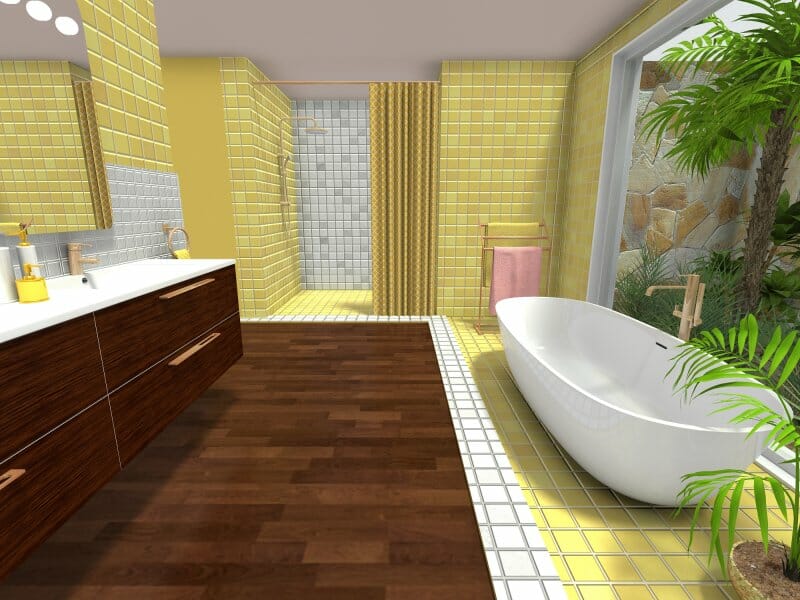 Yellow mid-century modern bathroom style