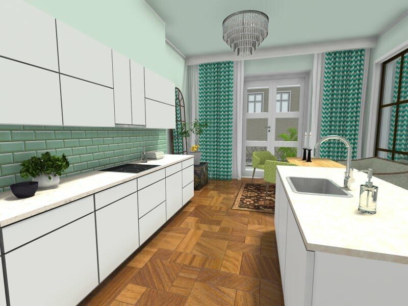 Mint green Kitchen tiles, curtains and mirrors