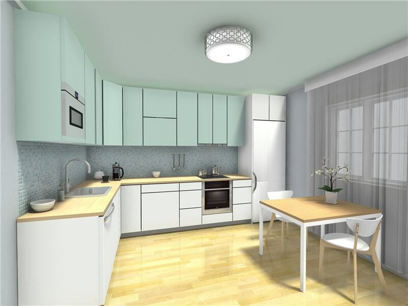 L-shaped kitchen layout with mint green color