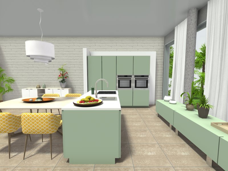 Mint green kitchen design with island