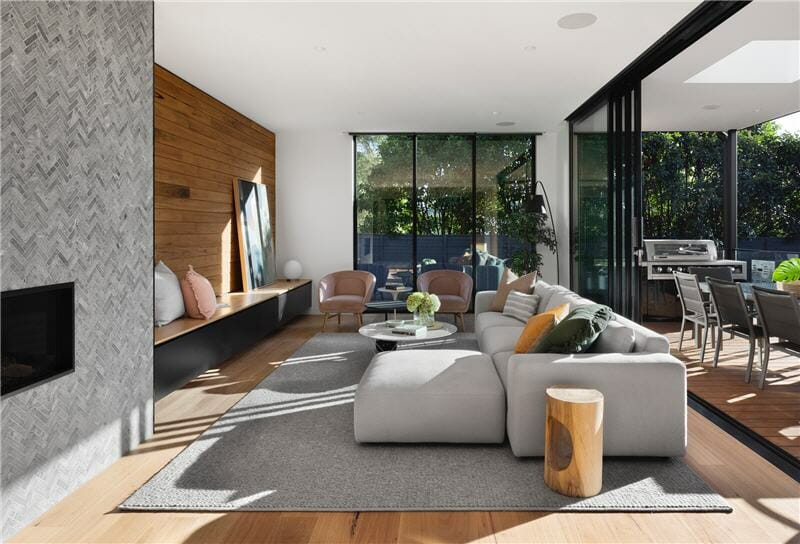 Modern house living room with large windows