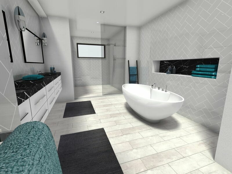 Modern bathroom style with blue accent colors