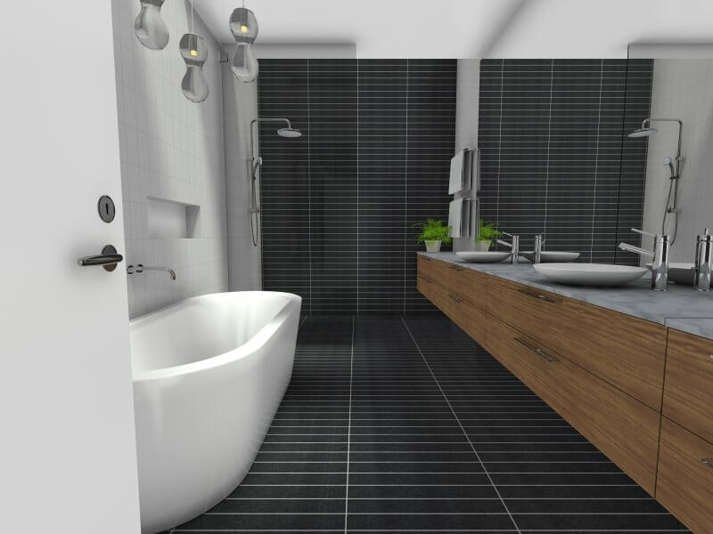 Modern bathroom interior with shower and bathtub