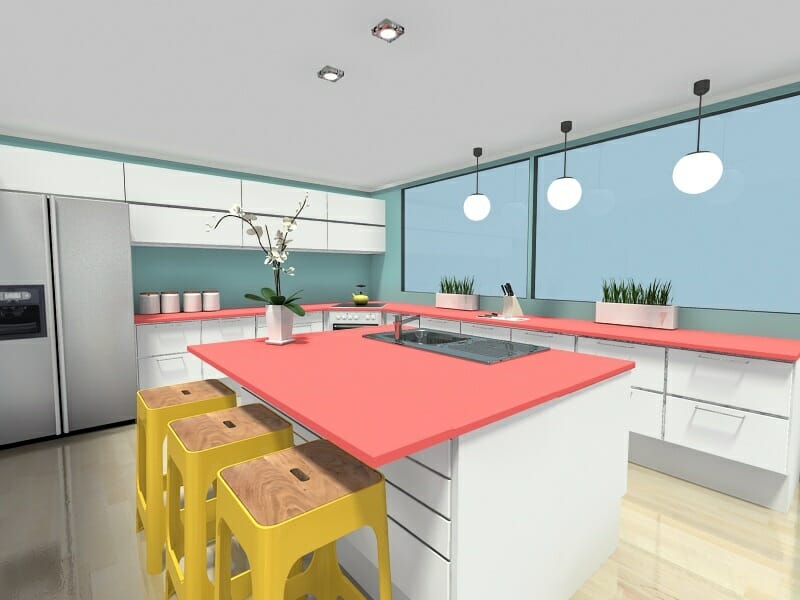 Kitchen design with bright pink countertop