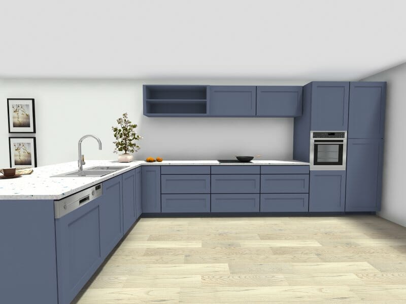 Blue peninsula kitchen layout