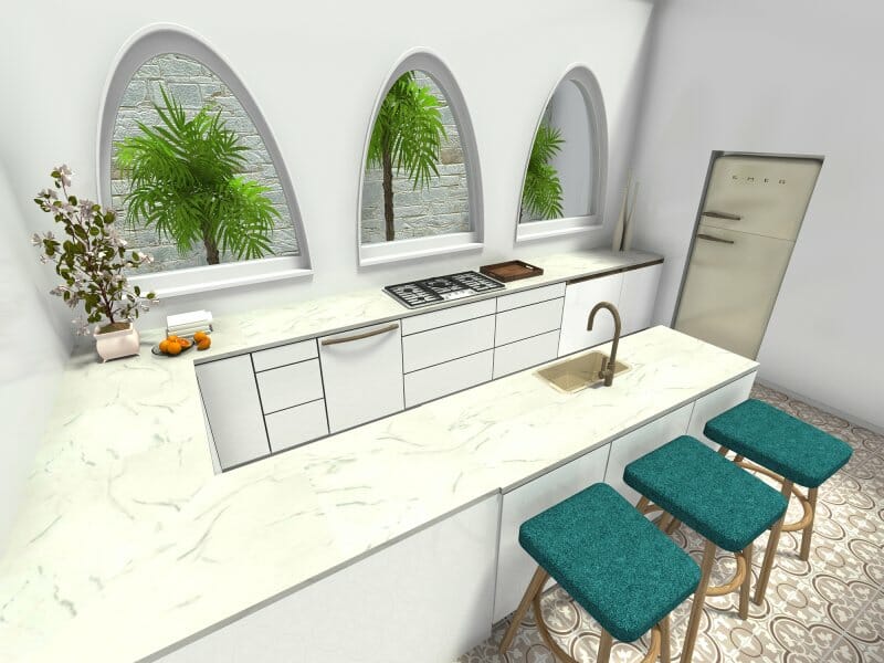 Kitchen peninsula design with courtyard windows