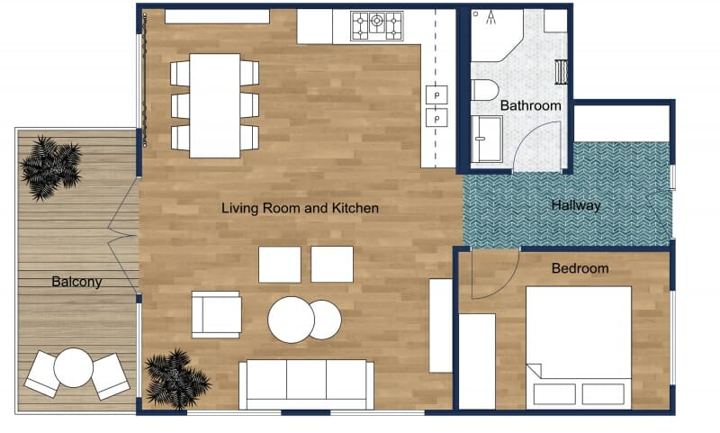 2D floor plan with blue wall top color