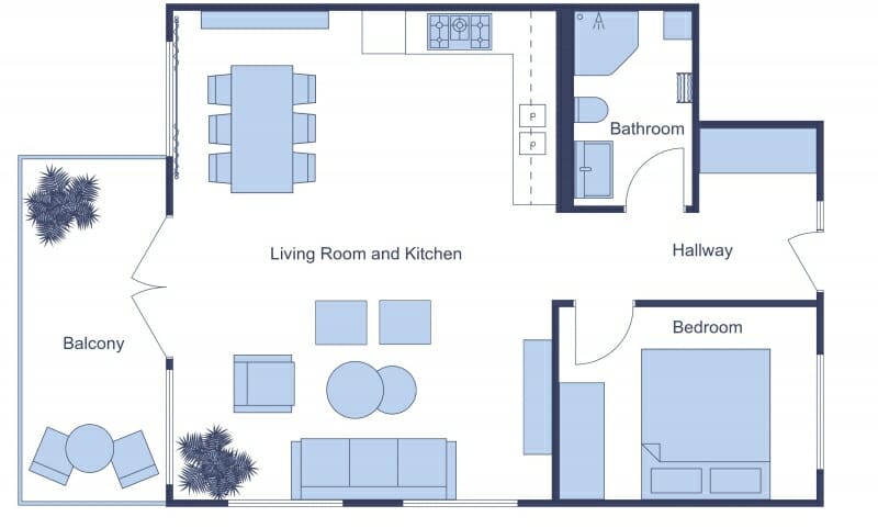 Light and dark blue 2D floor plan