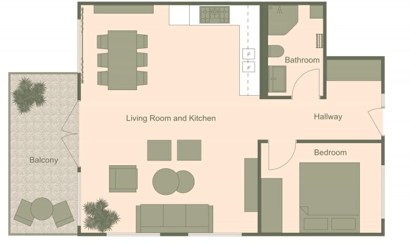 2D floor plan with olive and peach color combination