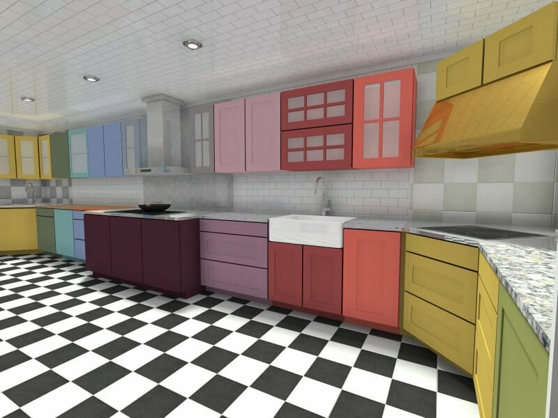 Kitchen with colorful cabinets
