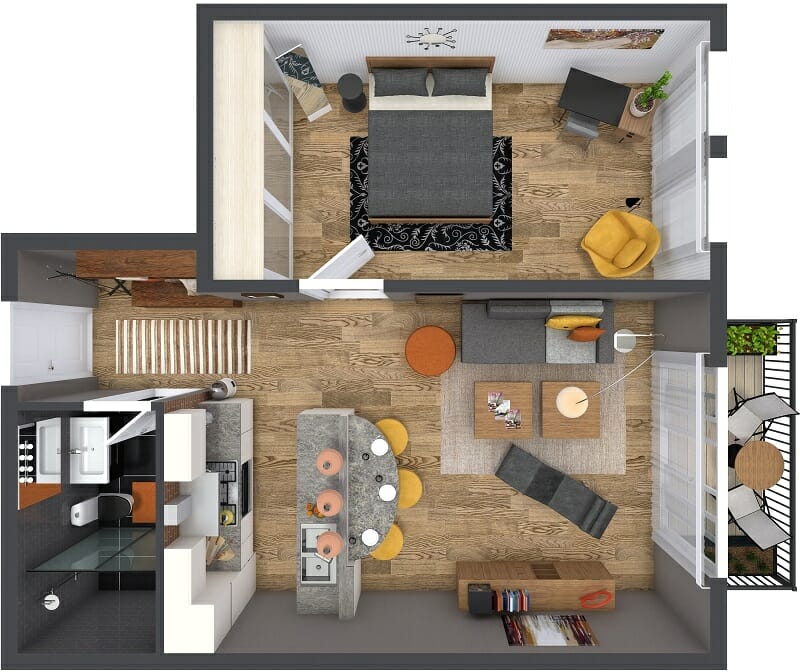 RoomSketcher 3D Floor Plan Small Apartment Furniture Layout