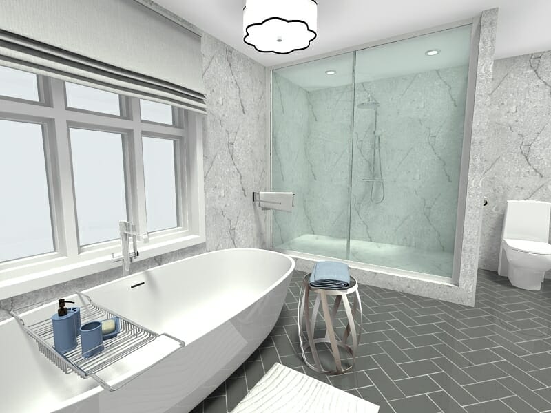 RoomSketcher bathroom ideas modern white bath design herringbone tile flooring