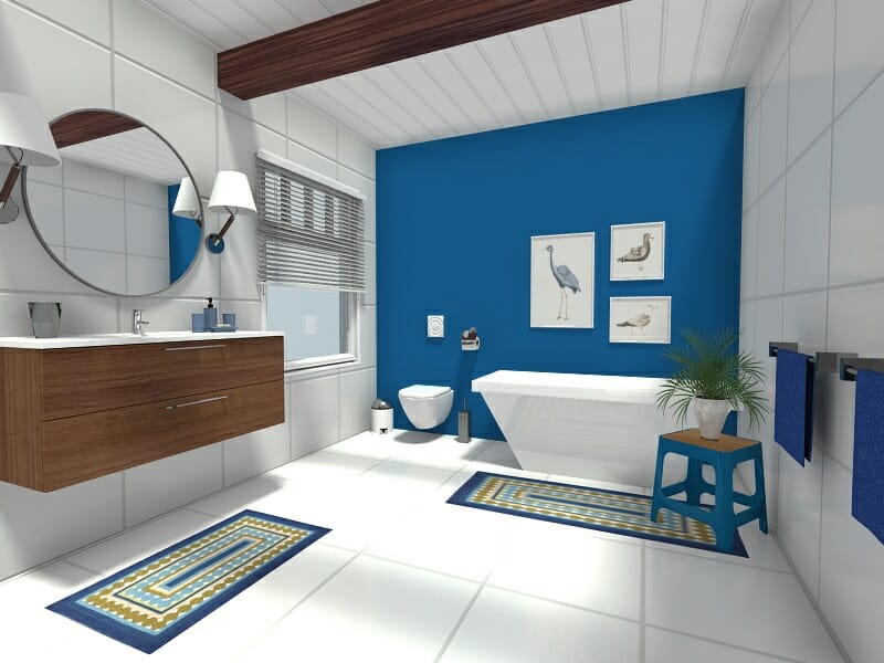 Nautical bathroom with blue accent wall