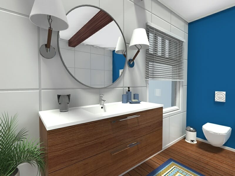 RoomSketcher Blue White Nautical Bathroom Ideas Wall Mounted Wood Vanity Mirror