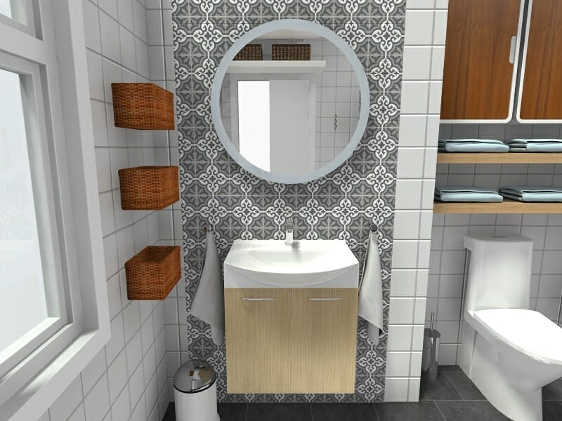 RoomSketcher DIY Bathroom Storage Ideas Wall Mounted Vanity Cabinet Storage Baskets