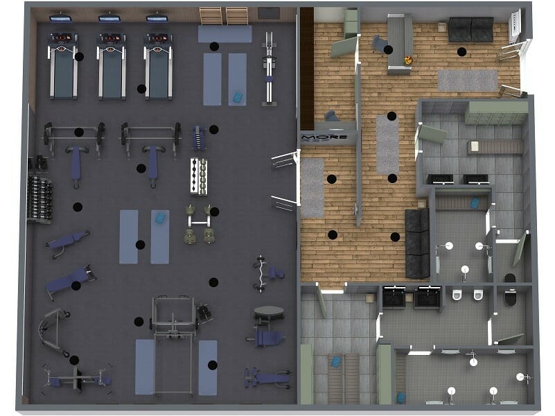 3D gym floor plan dark masculine colors