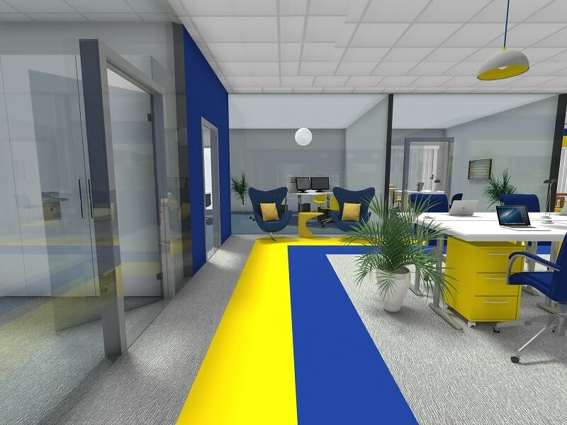 3D photo of blue and yellow office space