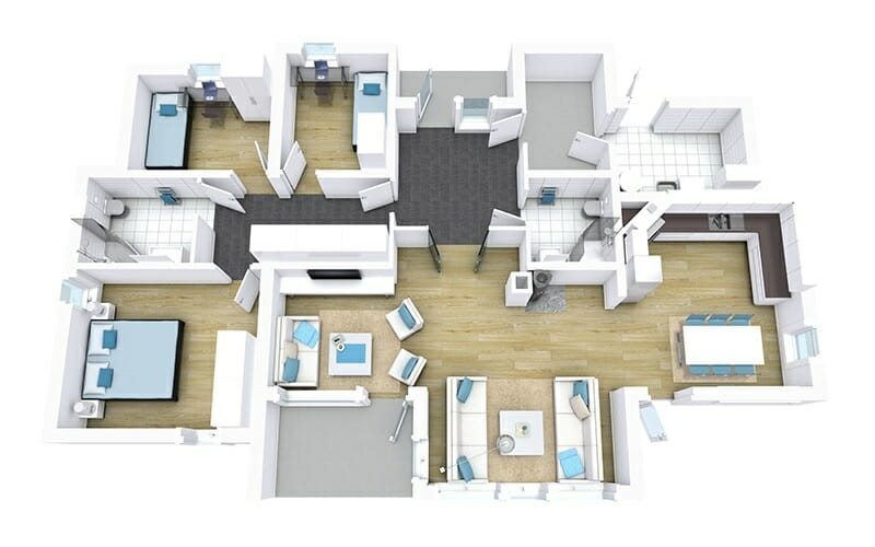 White 3D floor plan with blue accent color