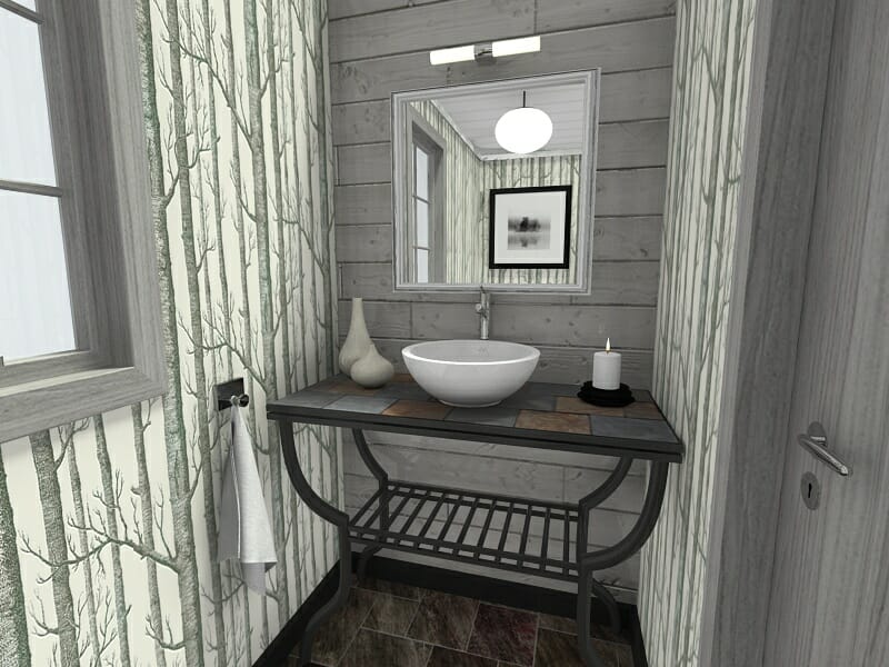 RoomSketcher Rustic Powder Room Design Idea Cole Sons Woods Wallpaper Bath Collection Castellon Washbasin