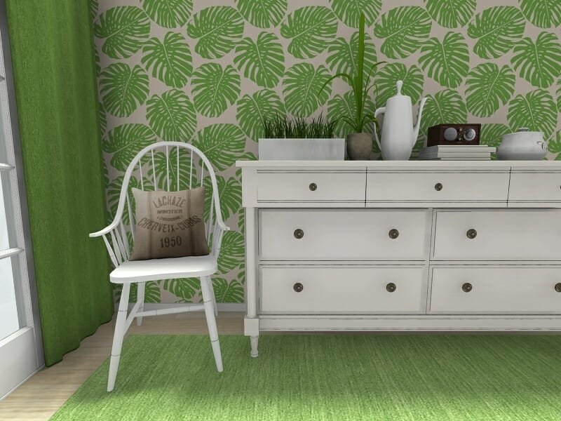 RoomSketcher Spring Decorating Ideas Green White Room Design Palm Leaf Wallpaper