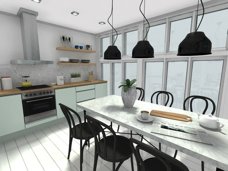 RoomSketcher Spring Decorating Ideas Modern Kitchen Design Mint Green Cabinets