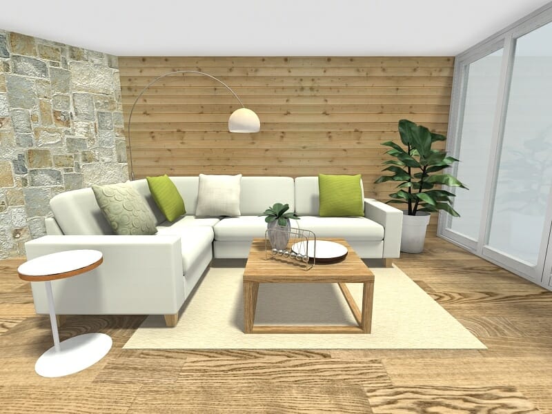 RoomSketcher Spring Decorating Ideas Organic Living Room Design Wood Stone Walls Floors