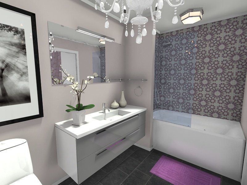 Bathroom design with purple accent wall