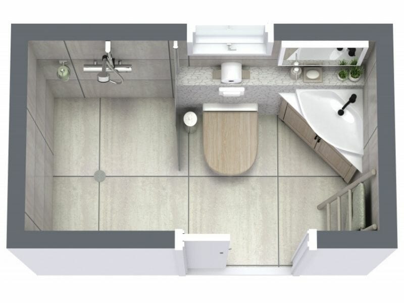 Tiny bathroom remodel with corner vanity