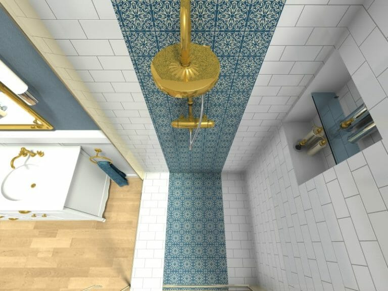 Traditional Bathroom 3D Photo Gold Shower Blue Tiles