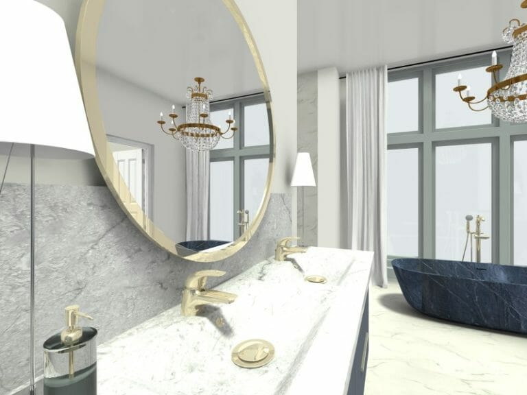 Transitional bathroom 3D Photo With Chandelier and Gold Details